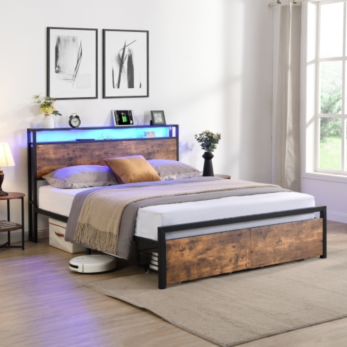Full Size LED Platform Bed Frame – Metal & Wood, Storage Headboard – view 5