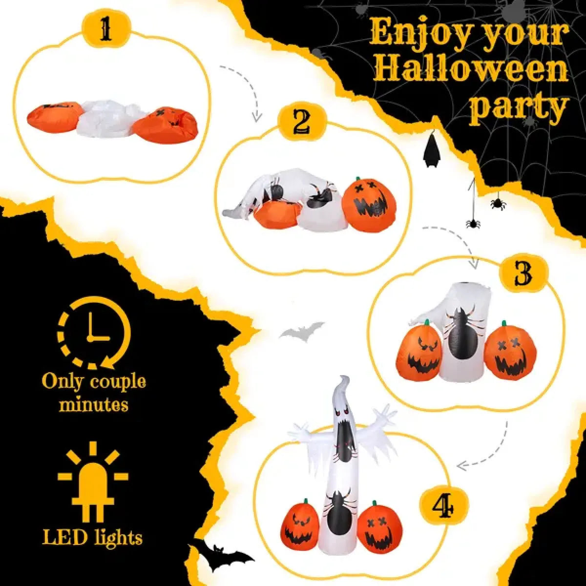 Giant Halloween Inflatable Ghost, Spider and Pumpkin Outdoor Decoration with LED Lights