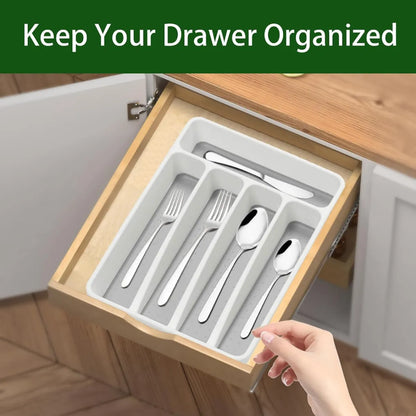 5-Compartment Utensil Tray – White Plastic Flatware Drawer Organizer