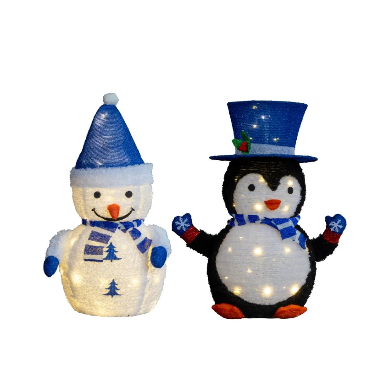 Set of 2 Pre-Lit Plush Penguin and Snowman Christmas Decorations