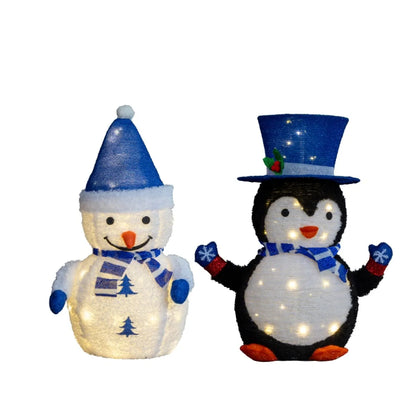 Set of 2 Pre-Lit Plush Penguin and Snowman Christmas Decorations