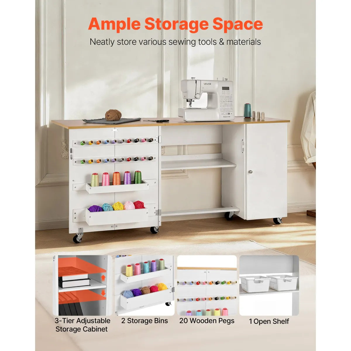 Folding Sewing Table with Cabinet and Charging Station