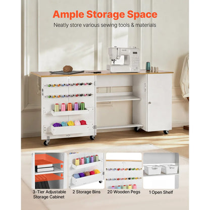 Folding Sewing Table with Cabinet and Charging Station