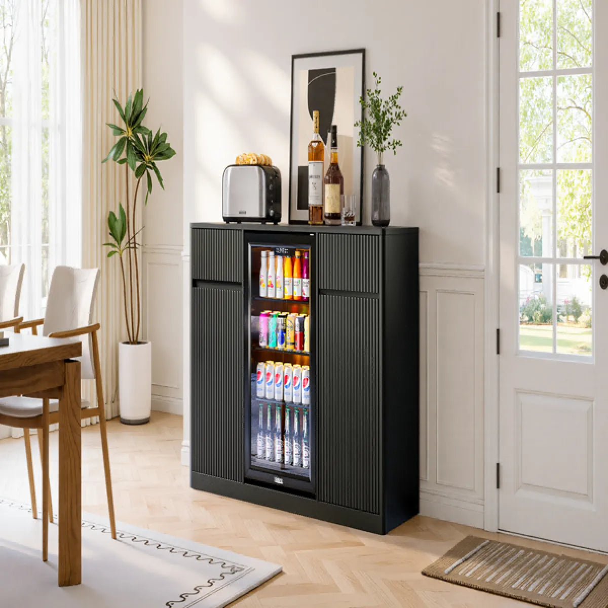 Fluted Buffet Wine Cabinet with Mini Fridge Nook & Charging Station – view 7