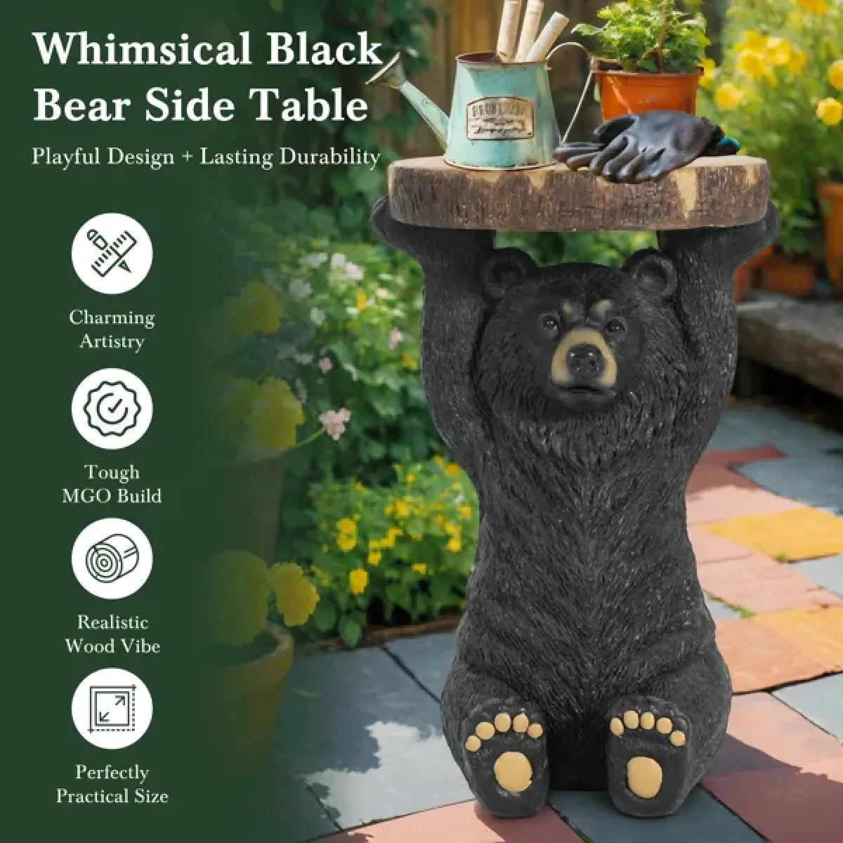 Black Bear Statue Side Table, Hand-Painted Sculpture End Table