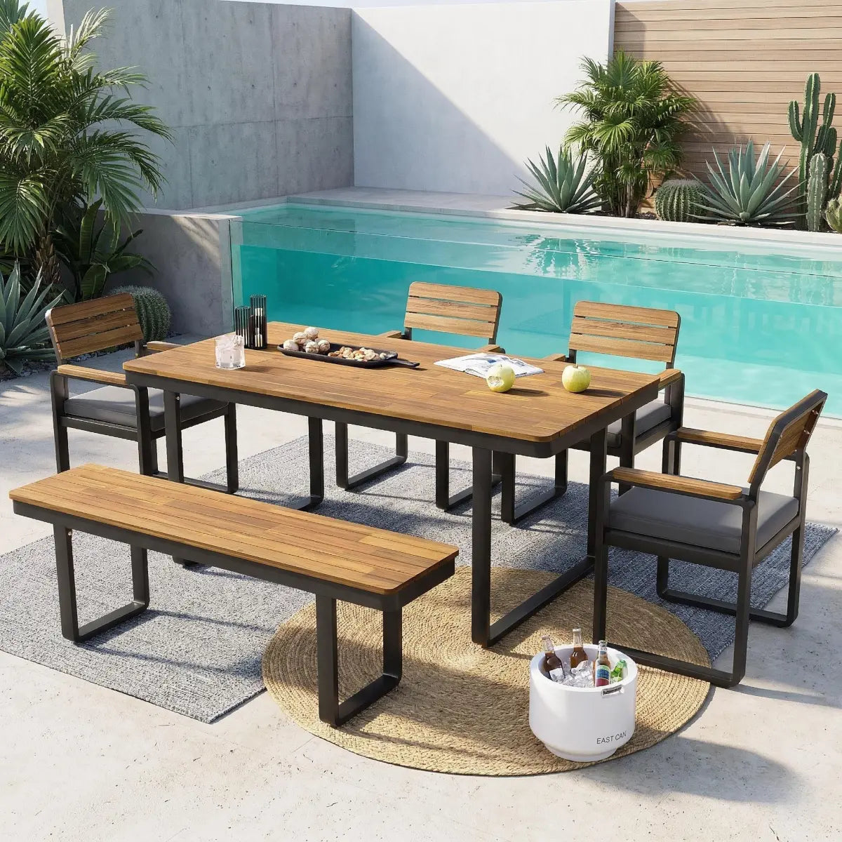 6-Piece Acacia Wood Outdoor Dining Set with Table, 4 Chairs and Bench, Gray