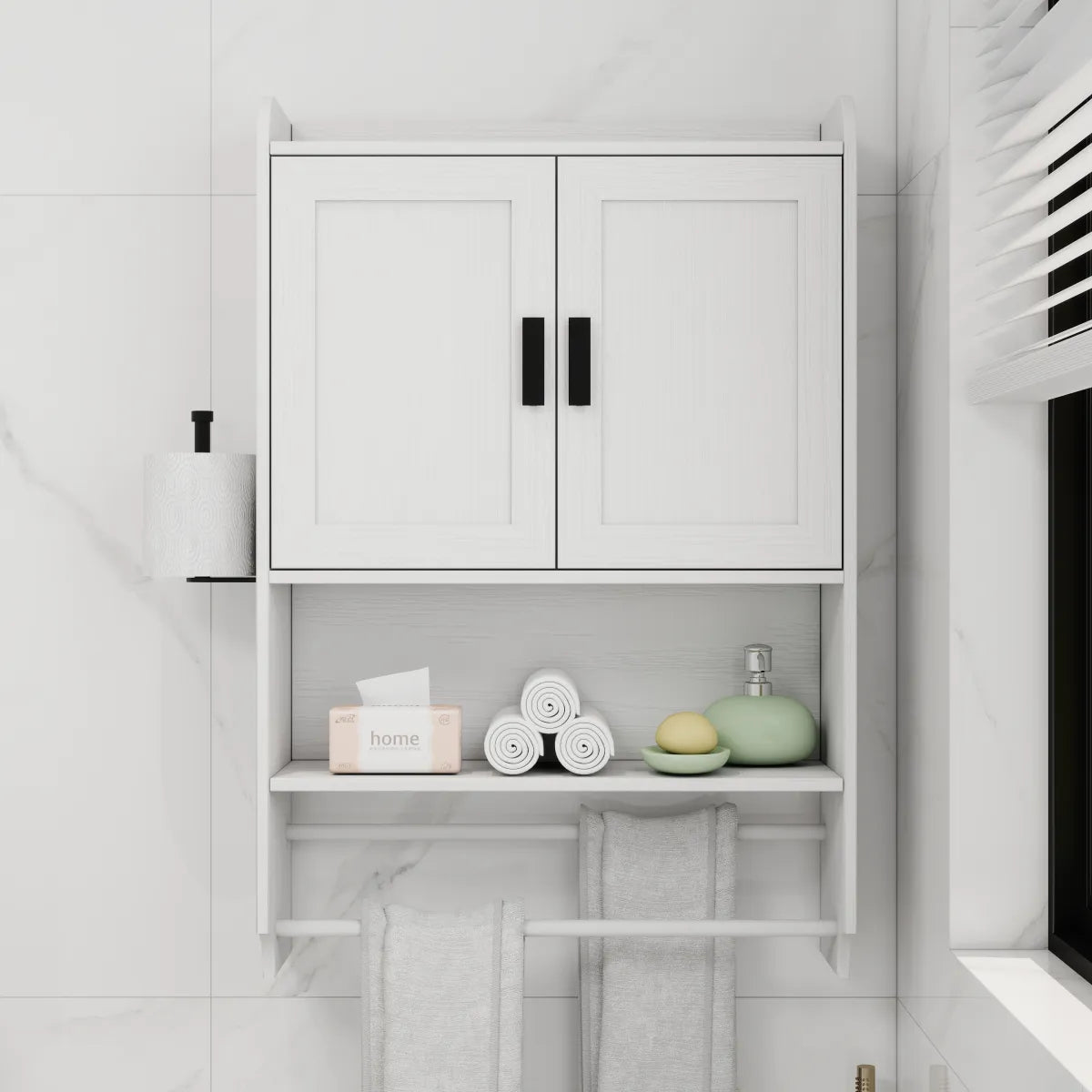 Bathroom Wall Cabinet with Adjustable Shelf, Towel Bar and Paper Holder, White