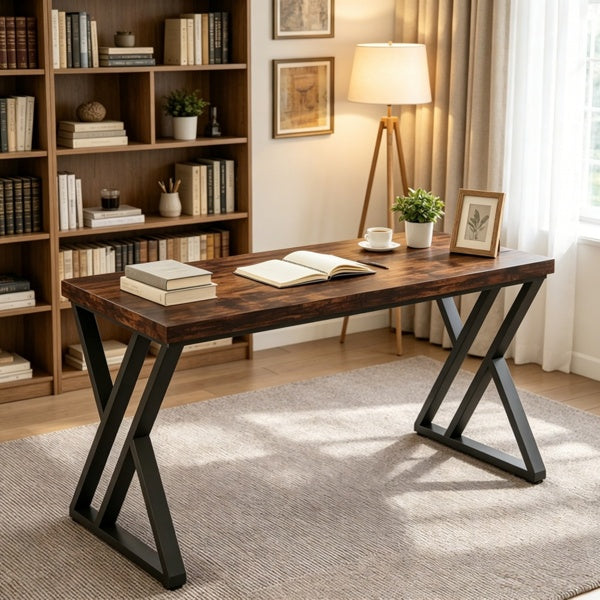Industrial writing desk with Z-shaped legs, rustic wood and black