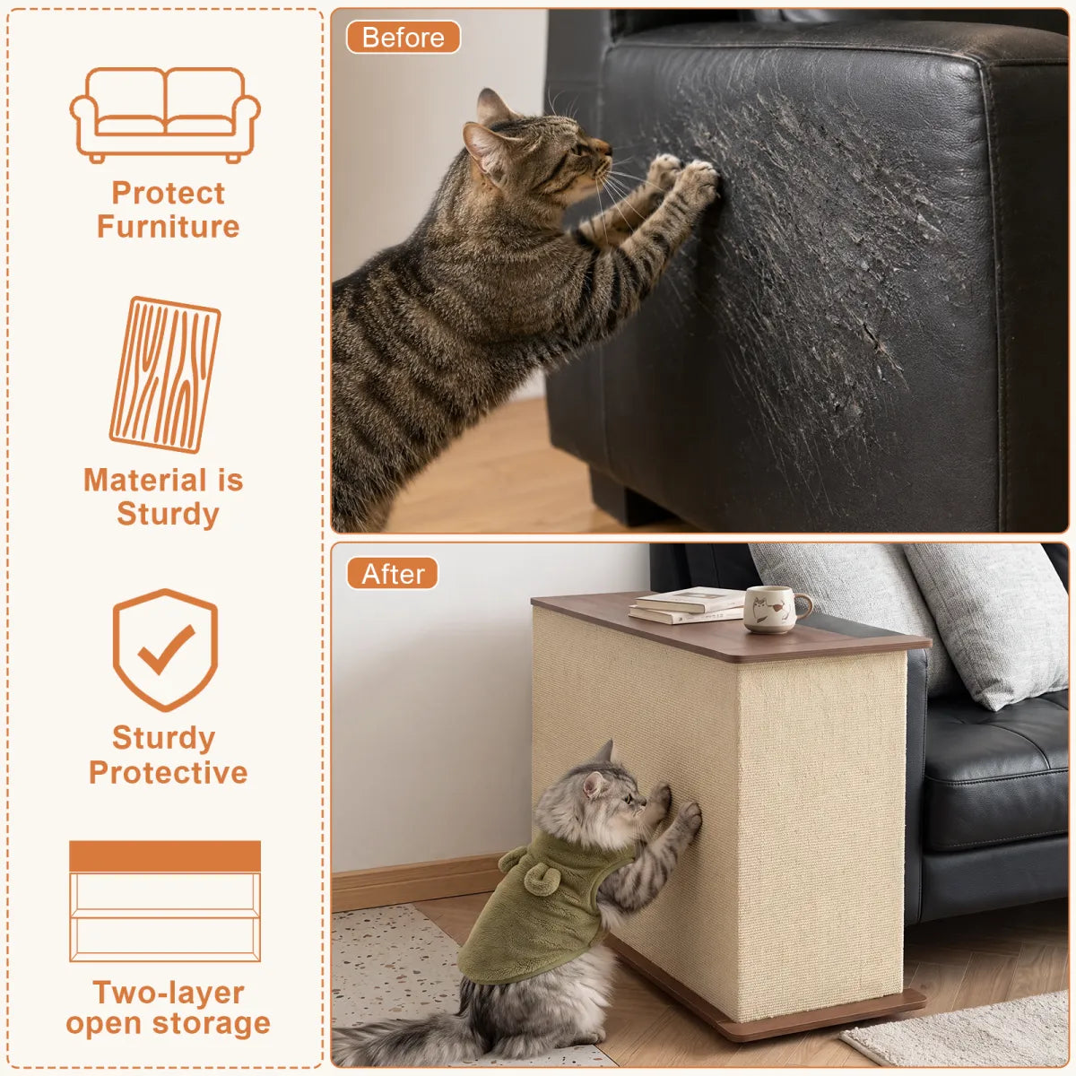 2-in-1 Cat Scratcher Side Table for Couch, Wood