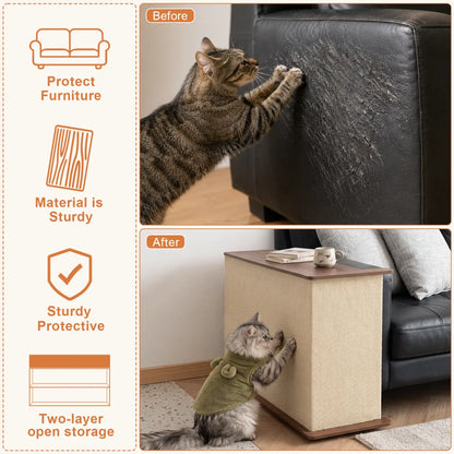 2-in-1 Cat Scratcher Side Table for Couch, Wood
