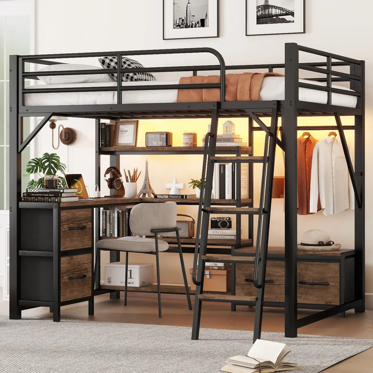 Full Size Metal Loft Bed with Desk, Wardrobe & Storage Shelves – view 3