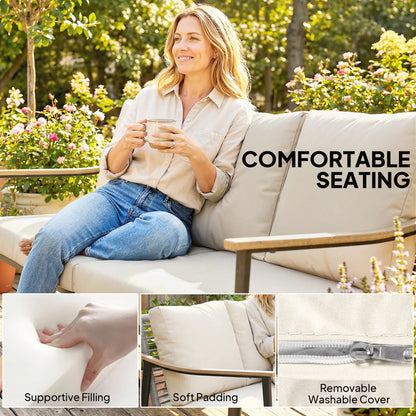 3-Seater Outdoor Patio Sofa with Wood-Effect Armrests, Wicker Backrest and Cushions, Khaki