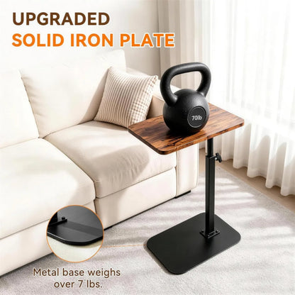 Height-Adjustable C-Shaped Sofa Side Table with 360° Swivel Top, Walnut and Black