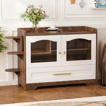 Cat Litter Box Enclosure Cabinet with Acrylic Door, Brown White