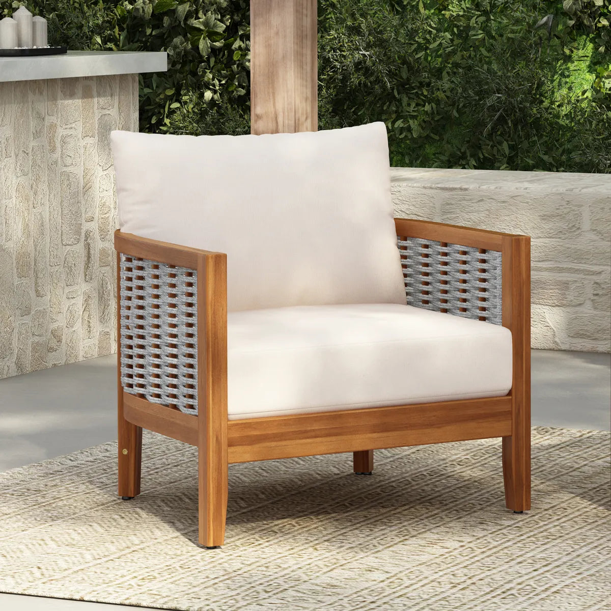 Outdoor Tub Armchair with Woven Rope, Teak Finish
