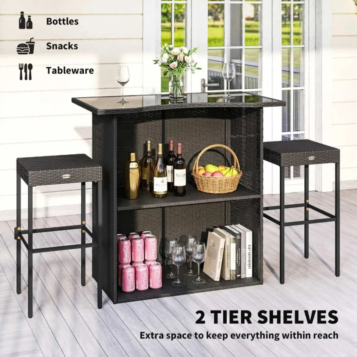 5-Piece Rattan Wicker Outdoor Bar Height Table and Stool Set, Brown