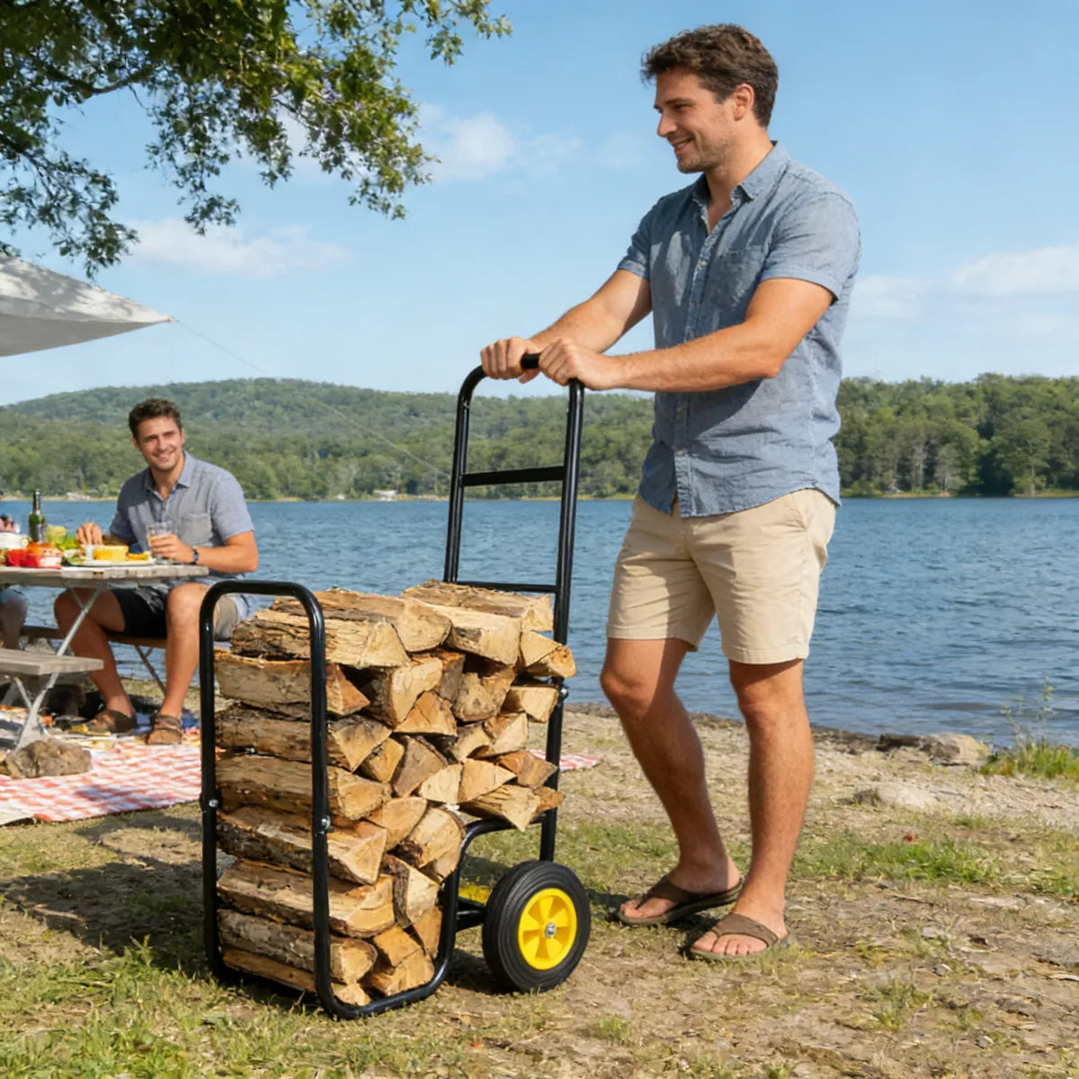 Rolling Firewood Log Cart, Steel Wood Rack Storage Carrier with Wheels