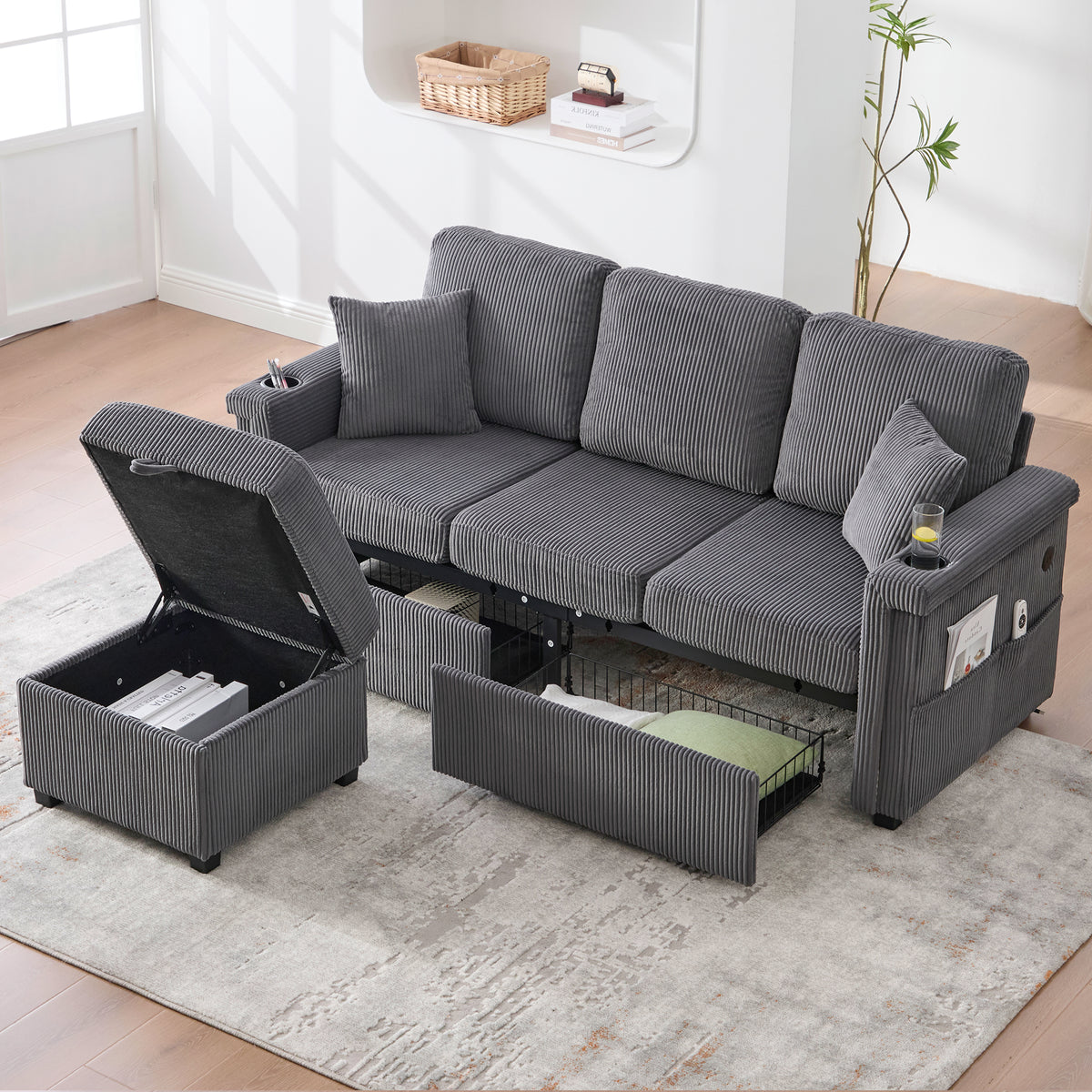 Modular Velvet Sofa with LED & USB-C, Dark Gray