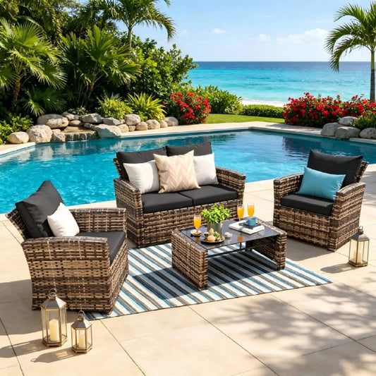 4-Piece Wicker Rattan Patio Conversation Set with Glass Table, Brown