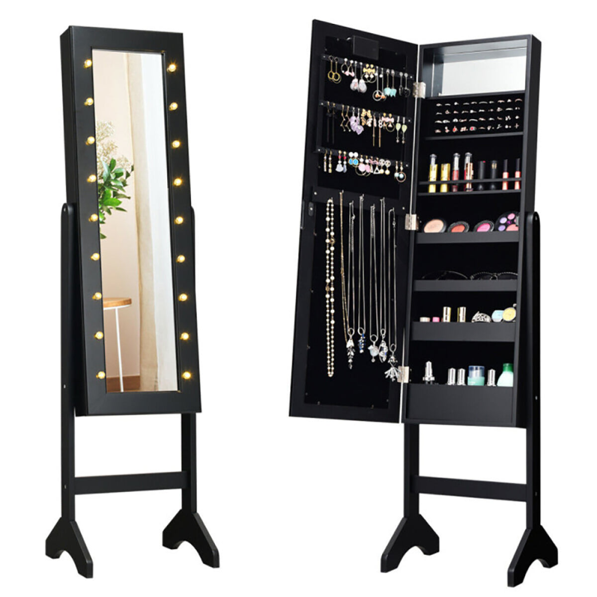 Mirrored Standing Jewelry Armoire – LED Lights, Bedroom Storage