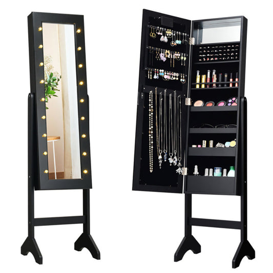 Mirrored Standing Jewelry Armoire – LED Lights, Bedroom Storage