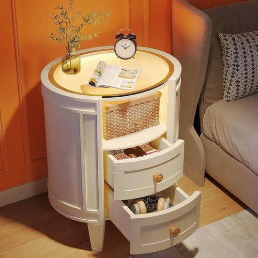 Round Rattan-Front Nightstand with 2 Drawers, Ivory White