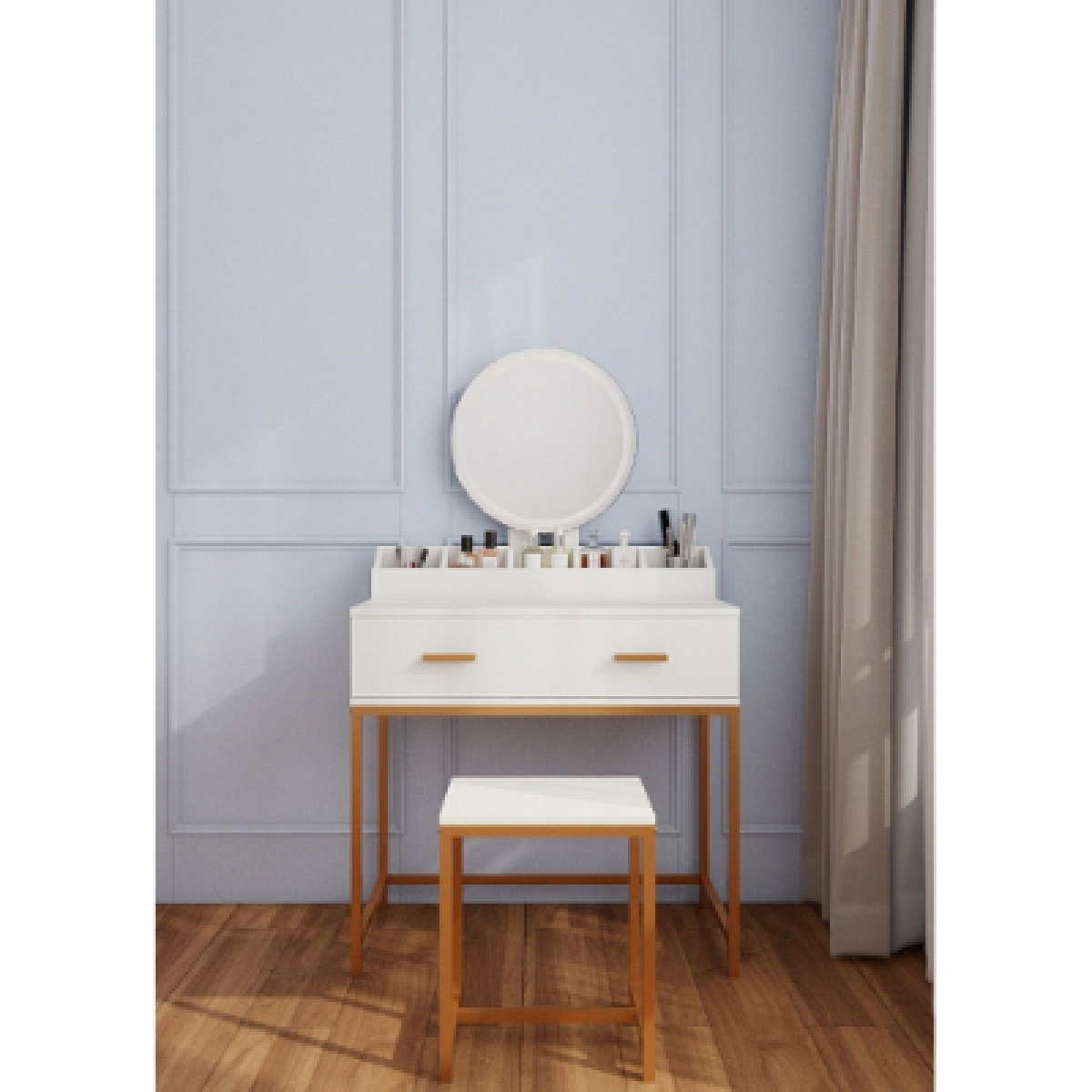Space-Saving Vanity Set – White & Gold with Mirror, Stool, and Storage Drawer, Bedroom Makeup Station – view 3