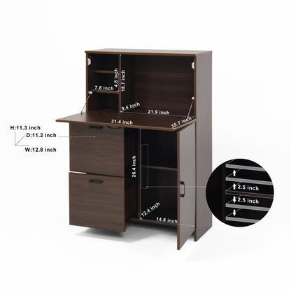 Fold-up desk cabinet with storage, walnut