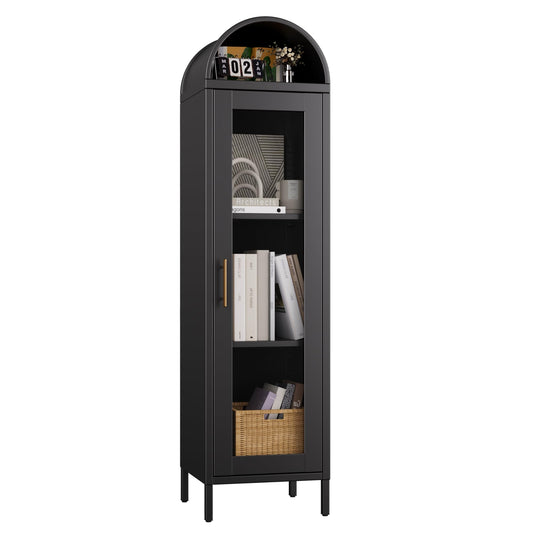 Arched metal bookcase with glass door, black