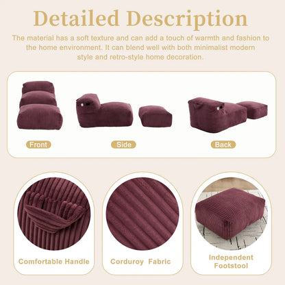 Corduroy Bean Bag Chair with Ottoman, Wine Red