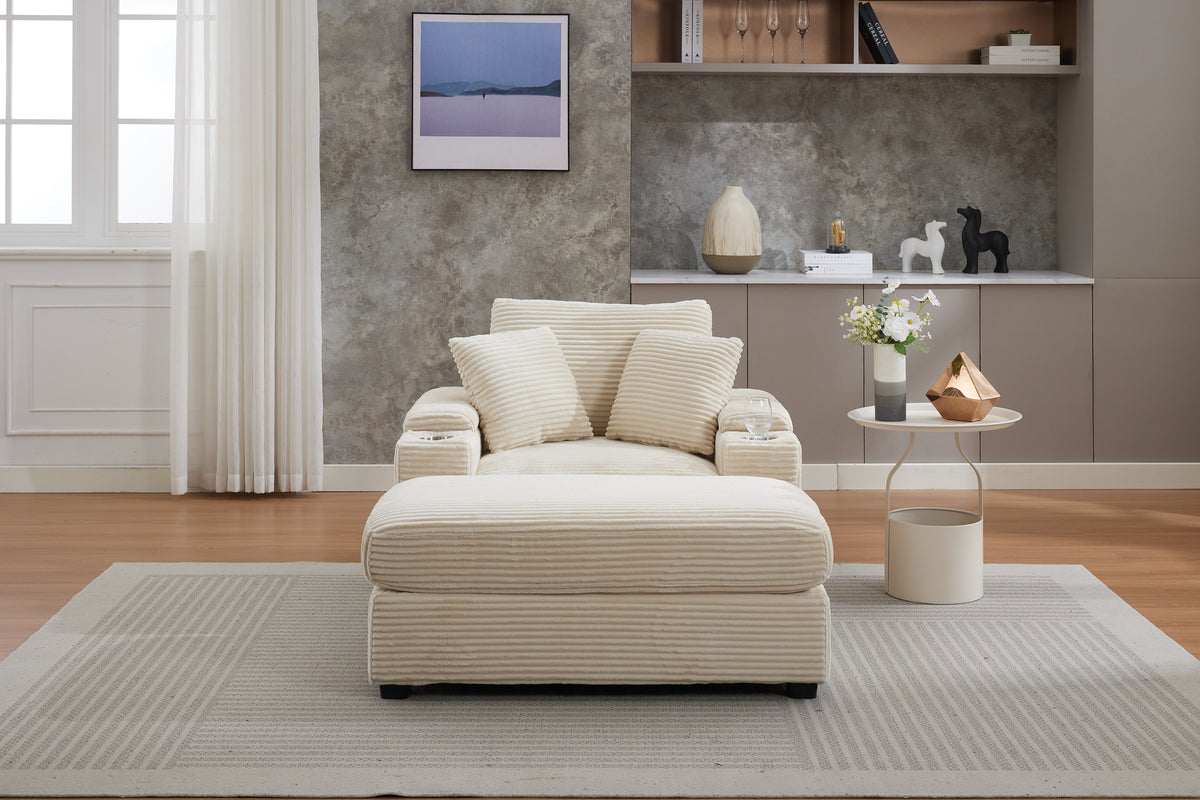 Corduroy Chaise Lounge Sofa with Ottoman, Beige – alternate view 3