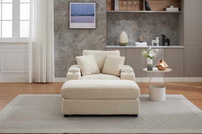 Corduroy Chaise Lounge Sofa with Ottoman, Beige – alternate view 3