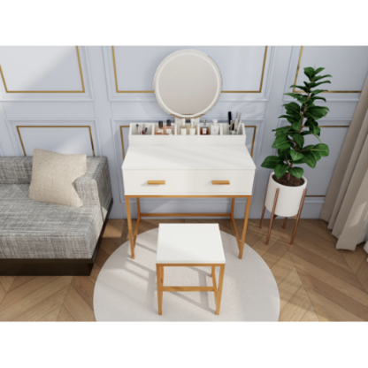 Space-Saving Vanity Set – White & Gold with Mirror, Stool, and Storage Drawer, Bedroom Makeup Station – view 7