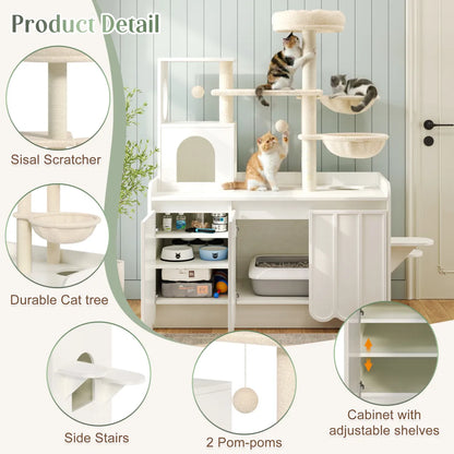 Cat Tree with Litter Box Enclosure, White