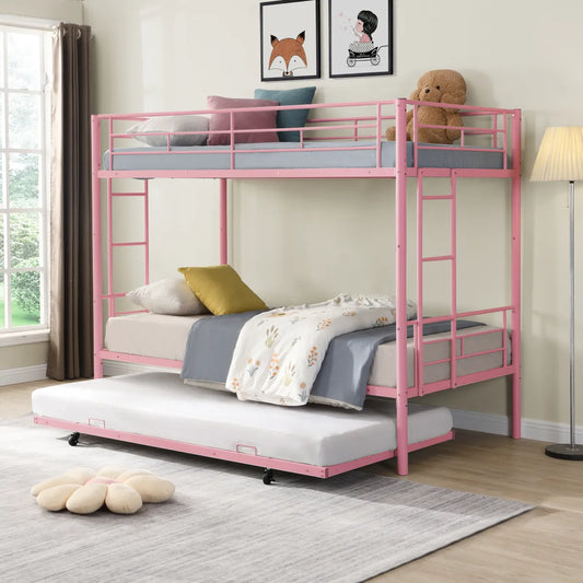 Metal Bunk Bed with Trundle, Twin Over Twin Space-Saving Bed