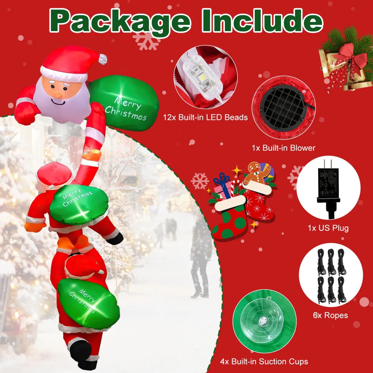 Climbing Inflatable Santa Claus with Lights, 8 Ft Outdoor Christmas Blow-Up Decoration