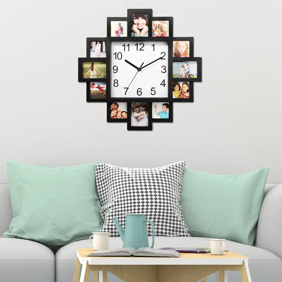 Photo Collage Wall Clock, 12-Slot Farmhouse Picture Frame Design