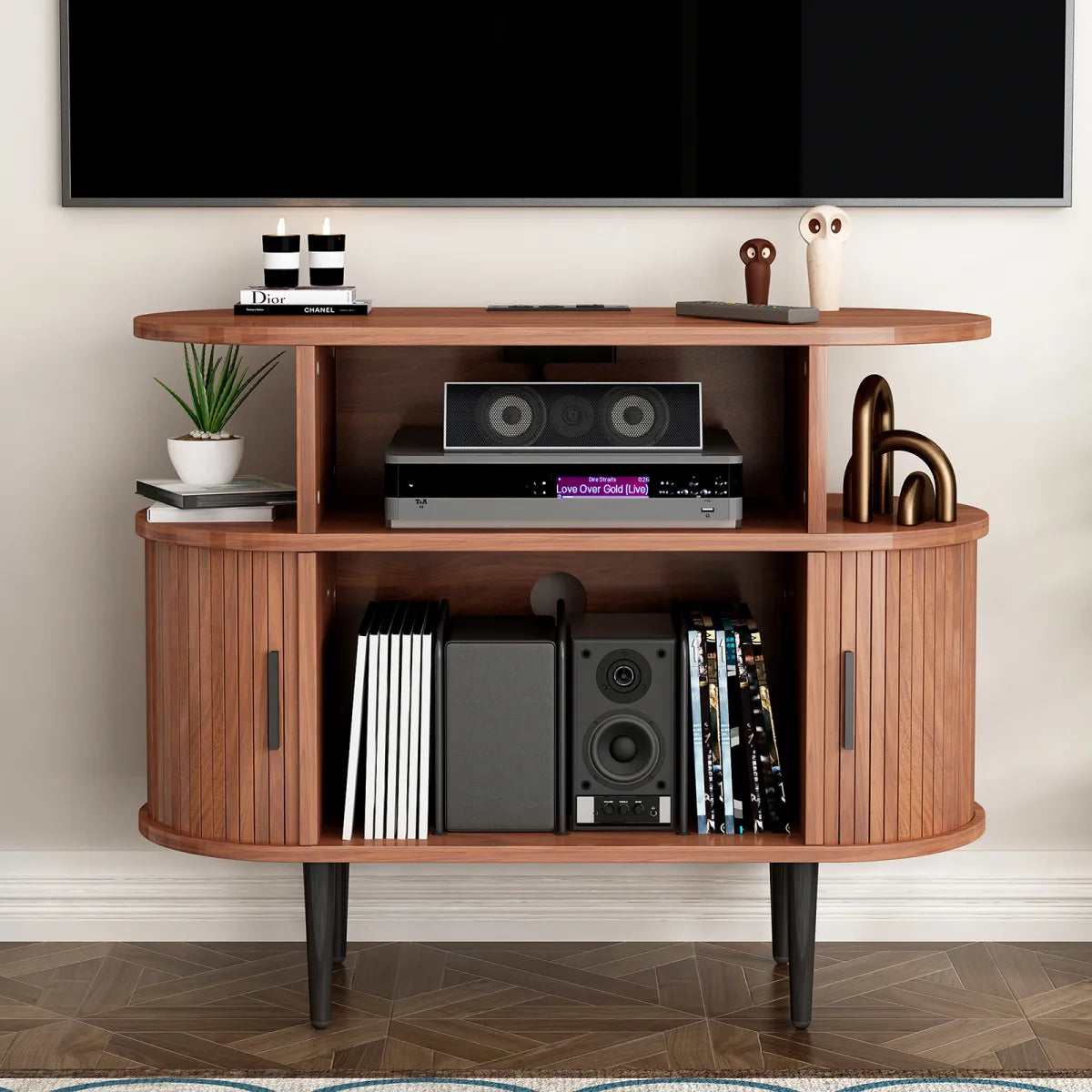 Round Record Player Stand with Charging Station, Walnut
