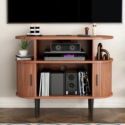 Round Record Player Stand with Charging Station, Walnut