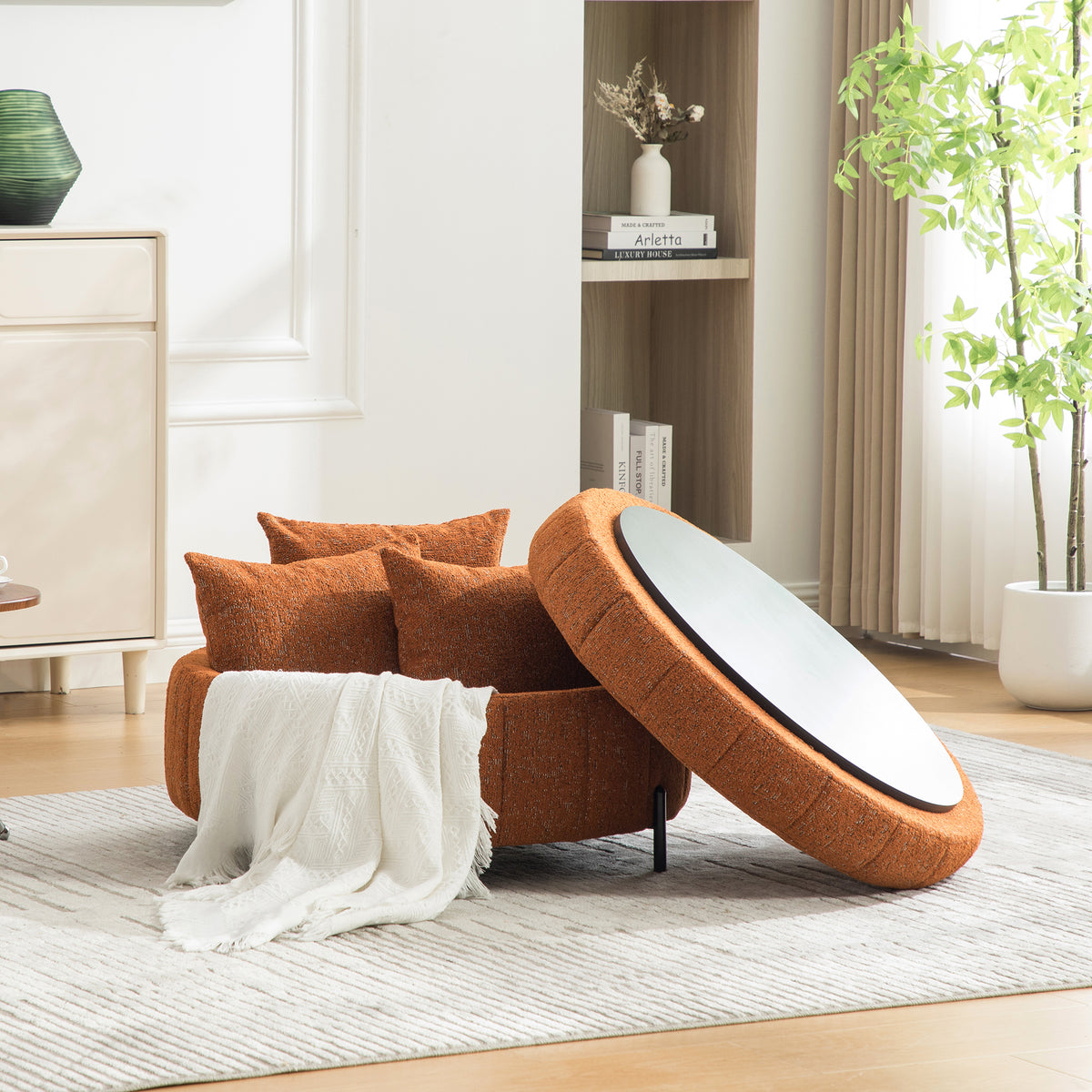 Round Storage Ottoman with Reversible Lid, Orange – alternate view 4