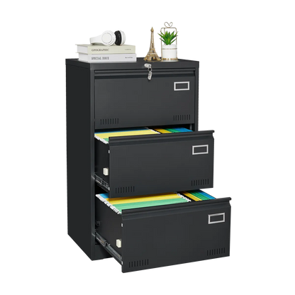 Lateral 3-Drawer Metal File Cabinet, Black – Locking Office Storage