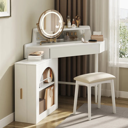 Corner Makeup Vanity Desk with LED Mirror