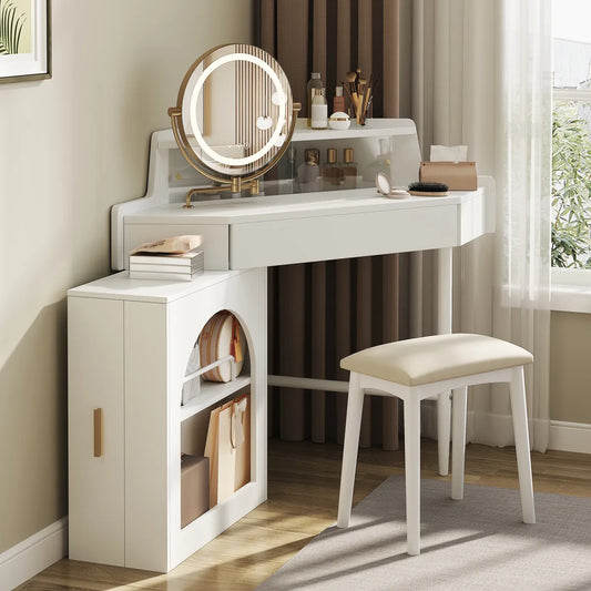 Corner Makeup Vanity Desk with LED Mirror
