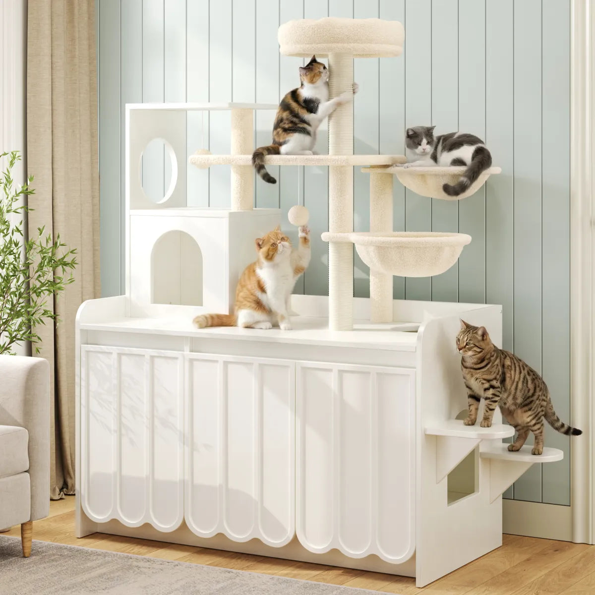Cat Tree with Litter Box Enclosure, White