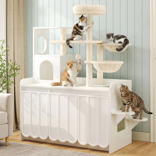 Cat Tree with Litter Box Enclosure, White