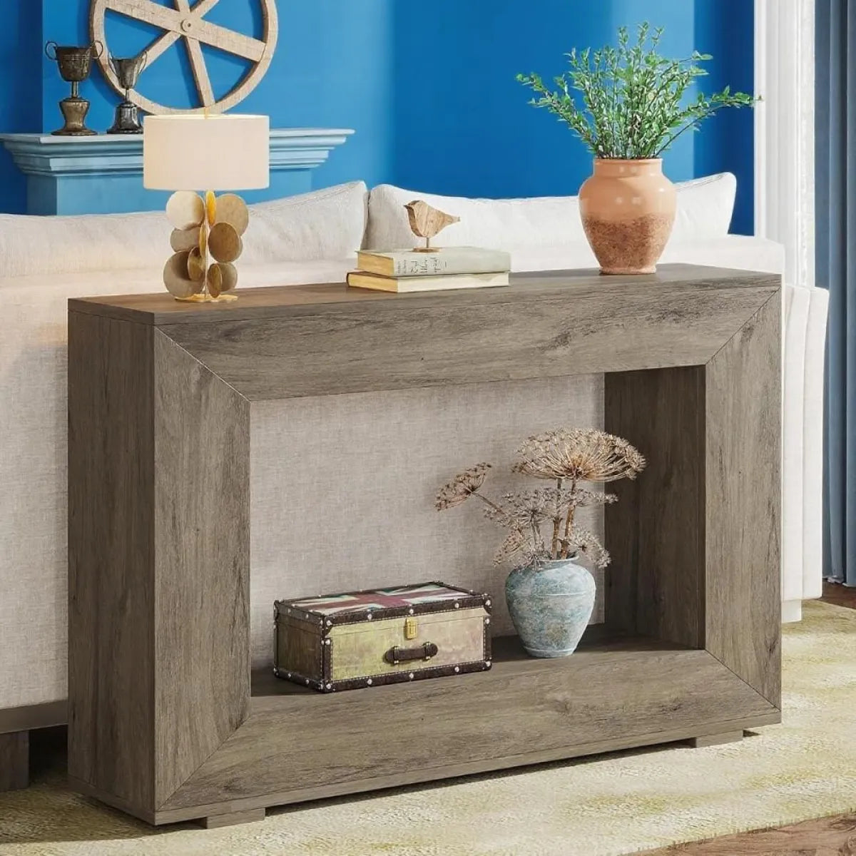 Weathered Grey Wood Console Table with Storage Shelf