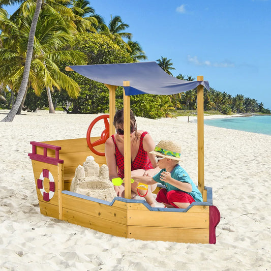 Kids Wooden Sandbox with Canopy Bench Seat, Orange