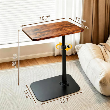 Height-Adjustable C-Shaped Sofa Side Table with 360° Swivel Top, Walnut and Black