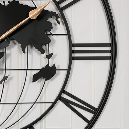 36" Large Black Metal Wall Clock with World Map Design