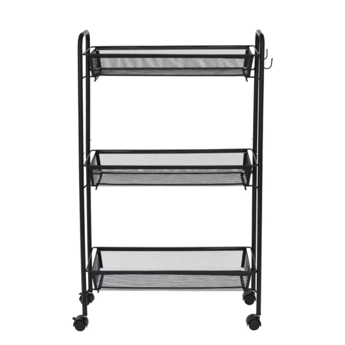 Slim 3-Tier Rolling Bathroom Storage Cart with Hooks, Black